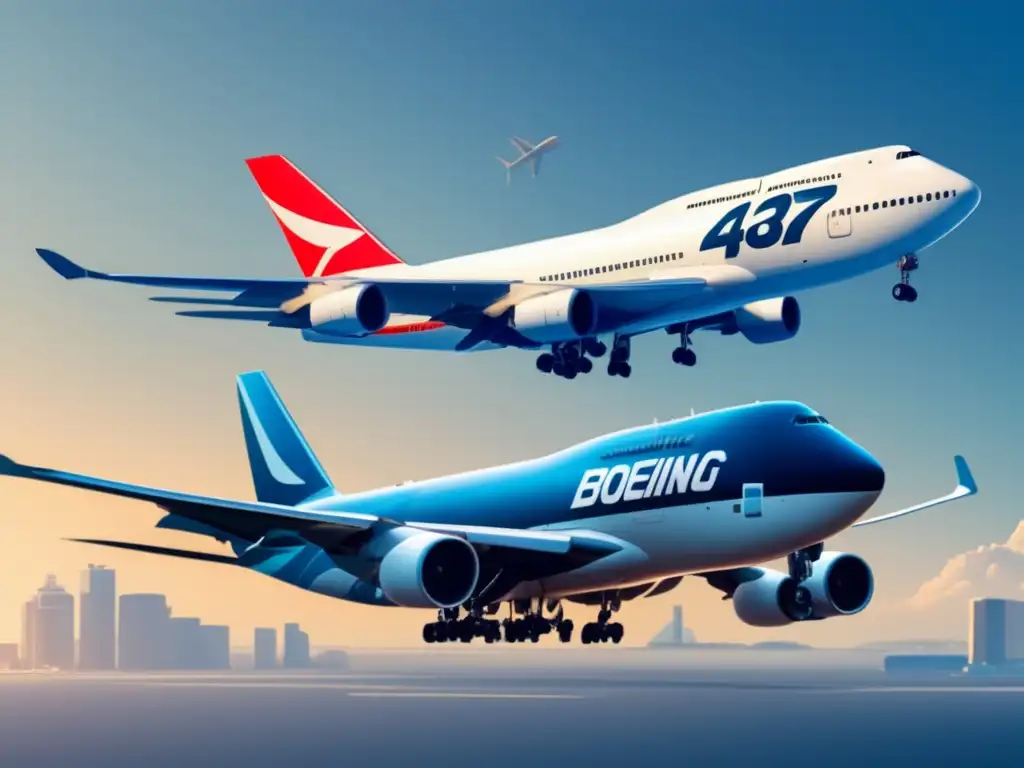 Evolución rivalidad Boeing vs Airbus: Imagen 8k que muestra el icónico Boeing 747 y el Airbus A380 en representación minimalista y abstracta