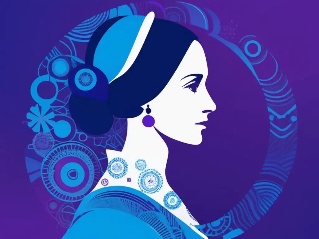 Silueta de Ada Lovelace, pionera programadora, rodeada de líneas y formas abstractas en tonos azules y morados