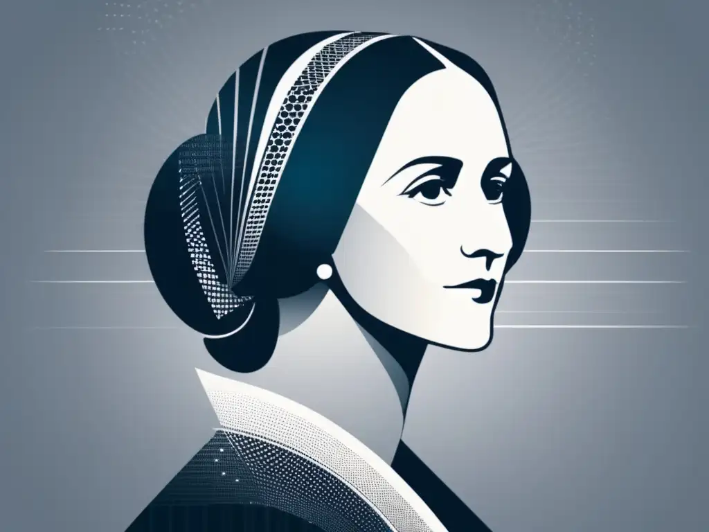 Retrato estilizado de Ada Lovelace, programadora pionera, con líneas y formas geométricas que reflejan su inteligencia y complejidad