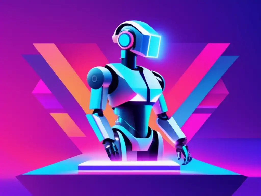 Futuro de la IA en entretenimiento: figura robótica futurista en un escenario digital vibrante