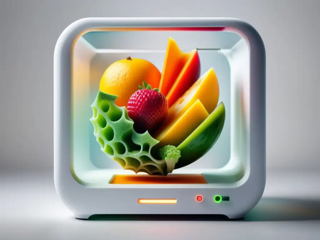 Tecnología de alimentos impresos 3D: Imagen futurista de impresora 3D transparente extrayendo alimentos vibrantes y nutritivos