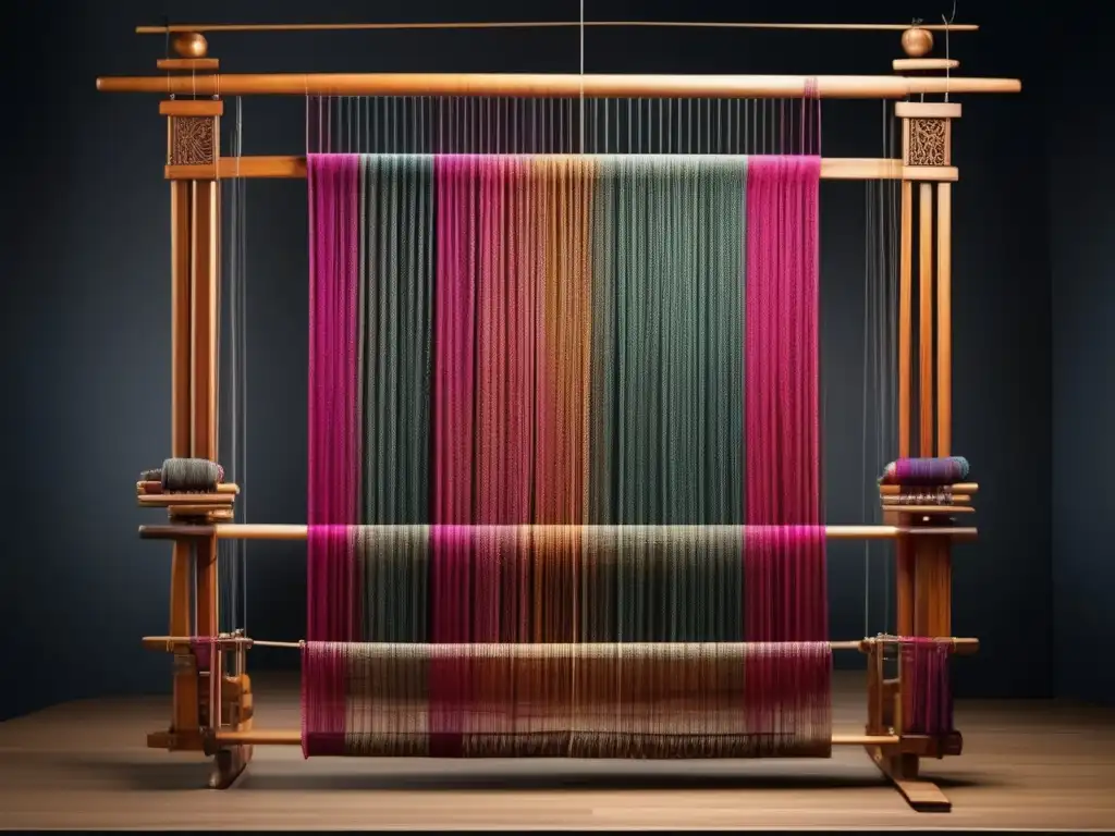 Tecnología textil pueblos andinos: Loom andino tejido 8k, detallado y cautivador, enmarcado en espacio oscuro