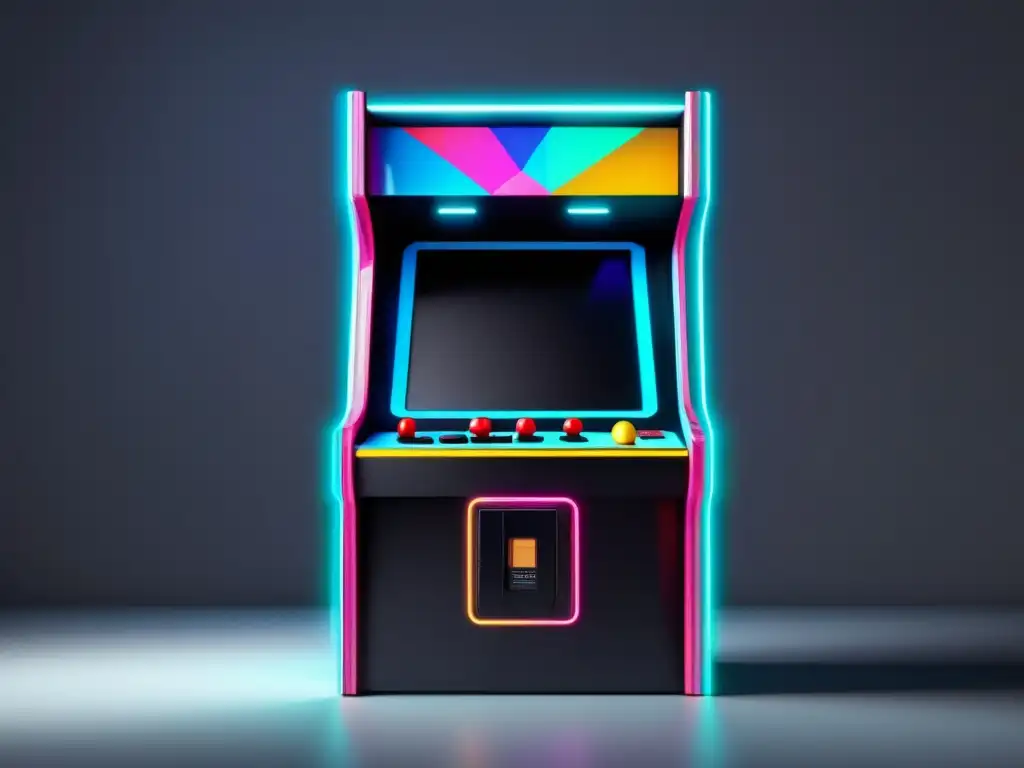 Evolución videojuegos Arcade: Imagen hipnotizante de una minimalista máquina de arcade en un vasto espacio vacío