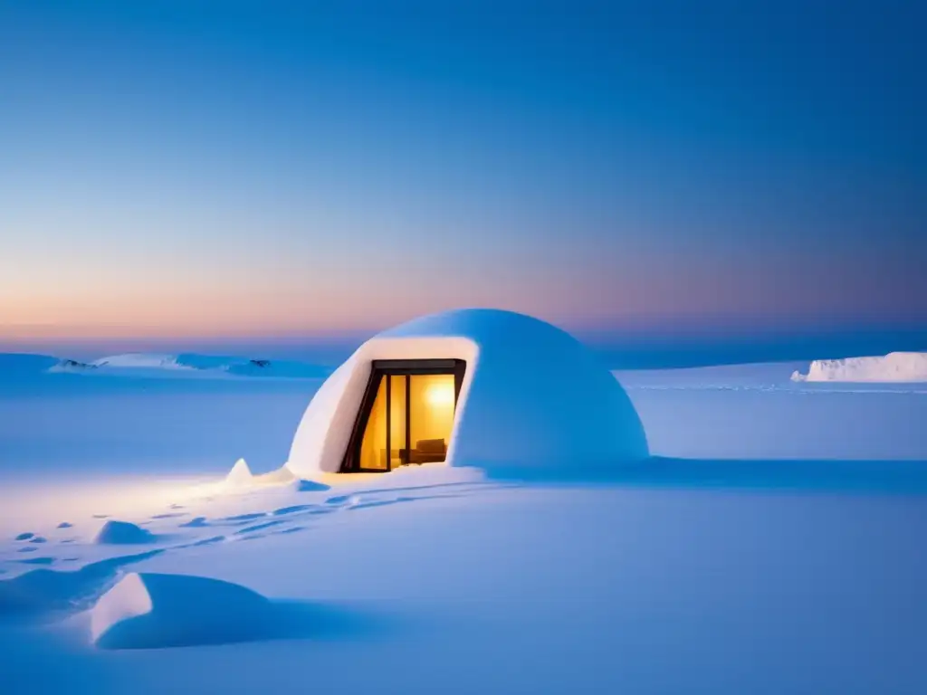 Tecnologías antiguas de los Inuit en el Ártico: Paisaje nevado y abstracto, con un iglú solitario bajo el cálido resplandor del atardecer