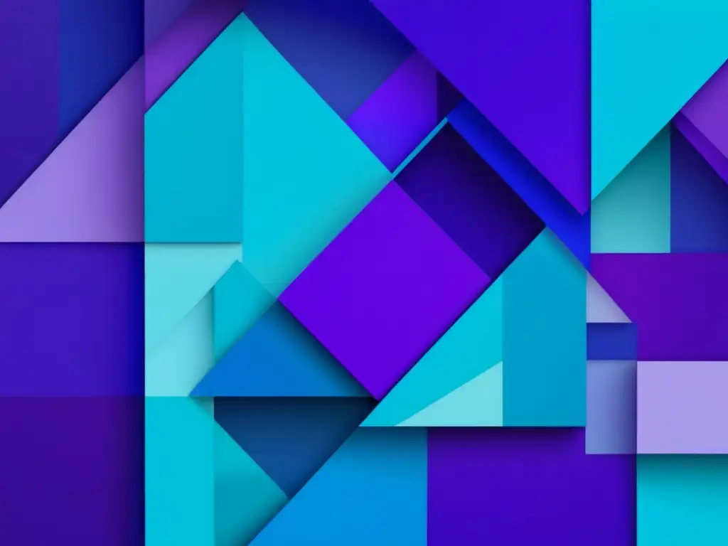 Impacto del arte digital en galerías: formas geométricas vibrantes en azul y morado, composición dinámica que representa la fusión tecnología-arte