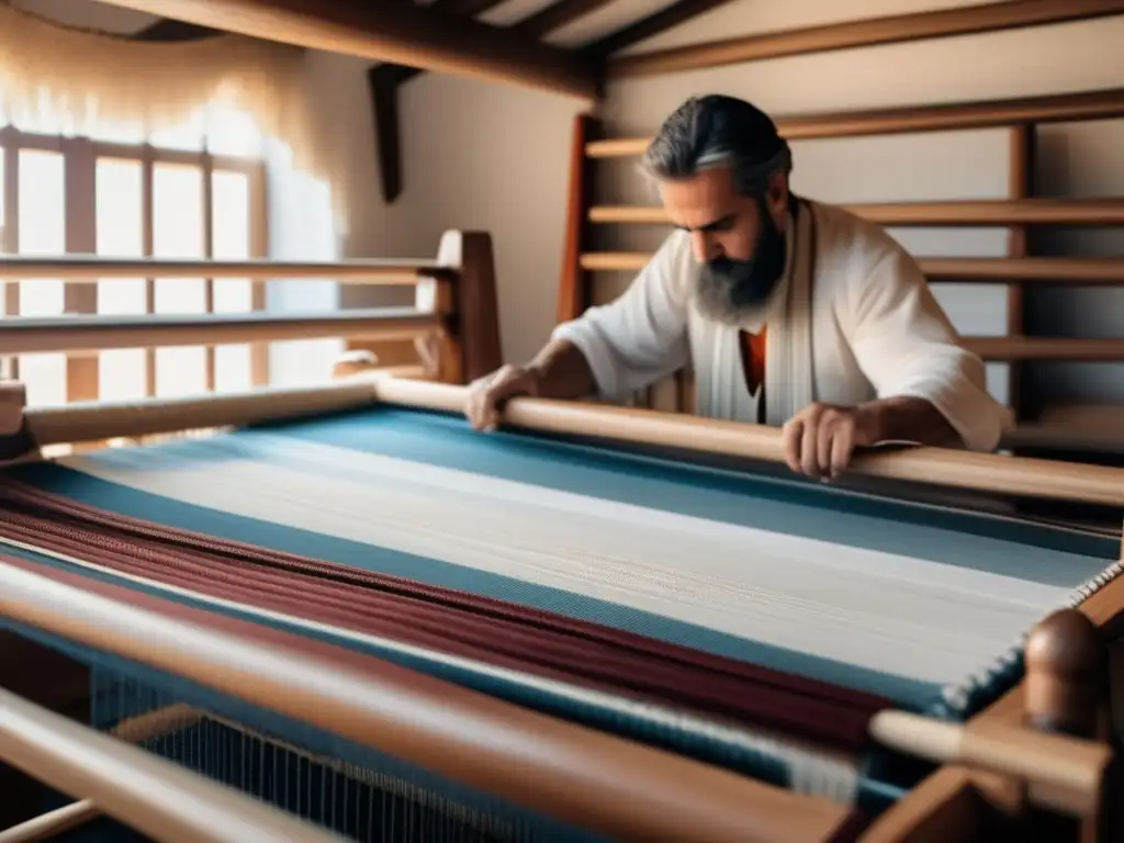 Tejido antiguo Grecia: máquina tejedora de madera mahogany, colores vibrantes y detalles geométricos, reflejo de avances tecnológicos