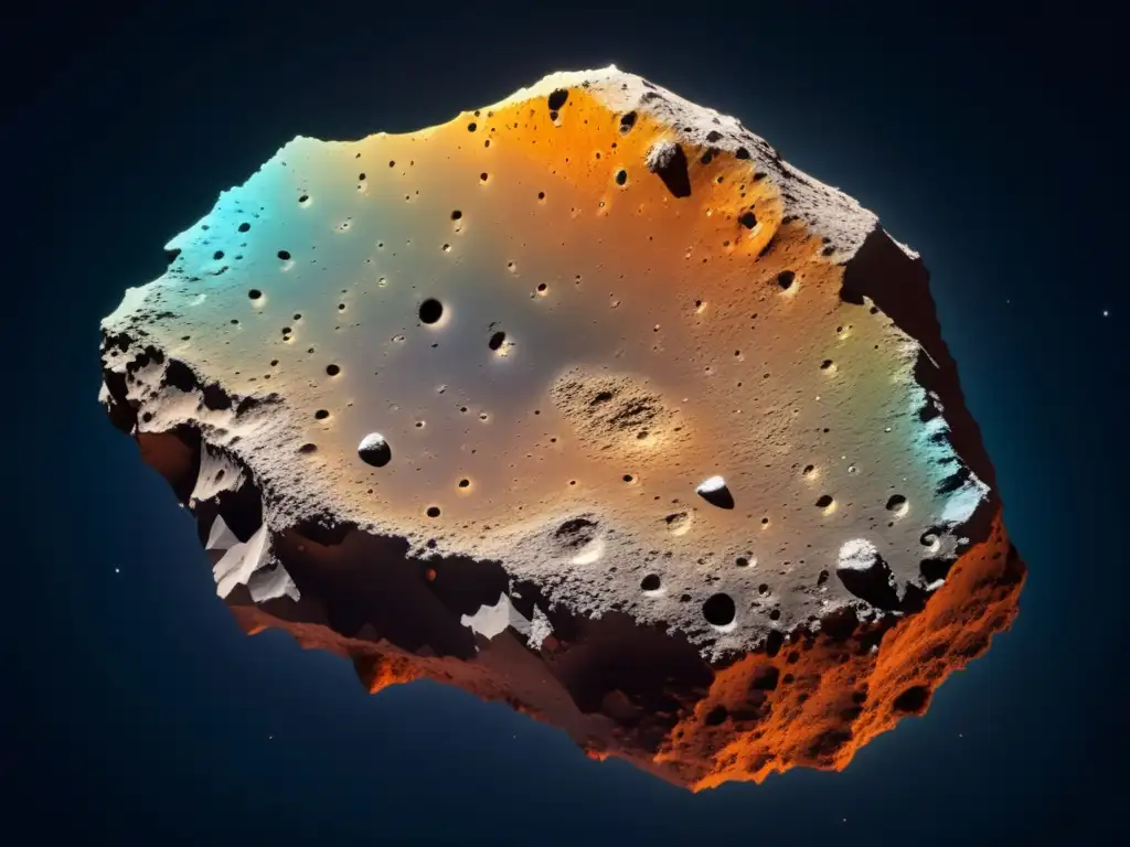 Avances tecnológicos en minería espacial: Asteroida vasta y desolada flotando en el espacio, con forma irregular y terreno rugoso