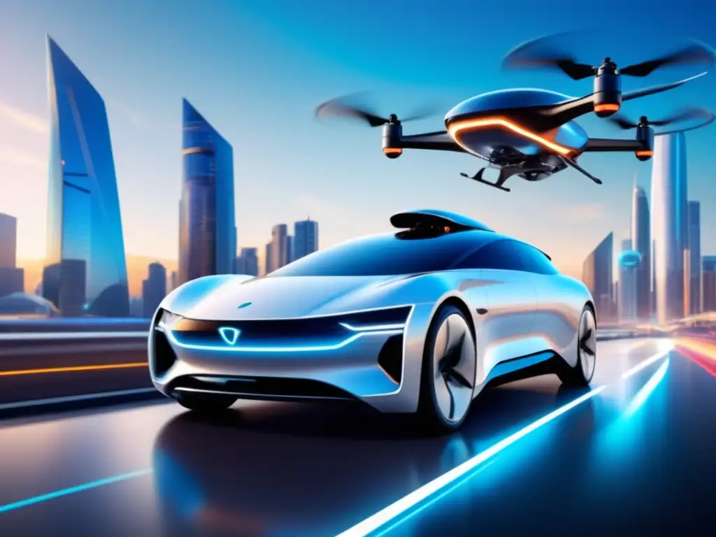 Avances tecnológicos en transporte autónomo y drones en una ciudad futurista