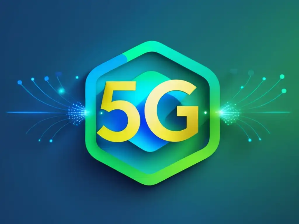 Avances 5G: Conexiones geométricas vibrantes en azul y verde, simbolizando la eficiencia y beneficios ambientales de la tecnología inalámbrica