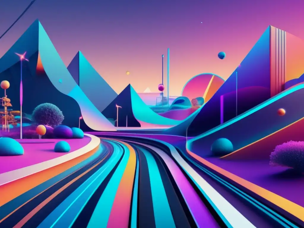 Impacto tecnológico en el empleo: paisaje surrealista con formas geométricas, colores vibrantes y símbolos abstractos