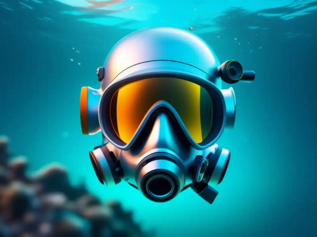 Avances tecnología formación buceo: imagen 8k minimalista, abstracta y futurista, con casco avanzado flotante y paisaje geométrico submarino