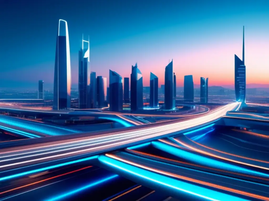 Avances tecnológicos en transporte autónomo y drones: Ciudad futurista con carros autónomos y drones en una estética minimalista