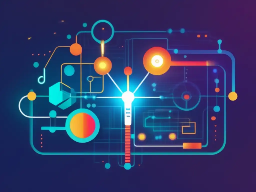 Avances tecnológicos Revolución Industrial: fusión de electricidad, química y tecnología en una imagen abstracta y minimalista