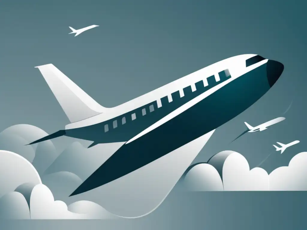 Evolución transporte aéreo comercial: Avión comercial minimalista y abstracto surcando el cielo, destacando su diseño eficiente y moderno