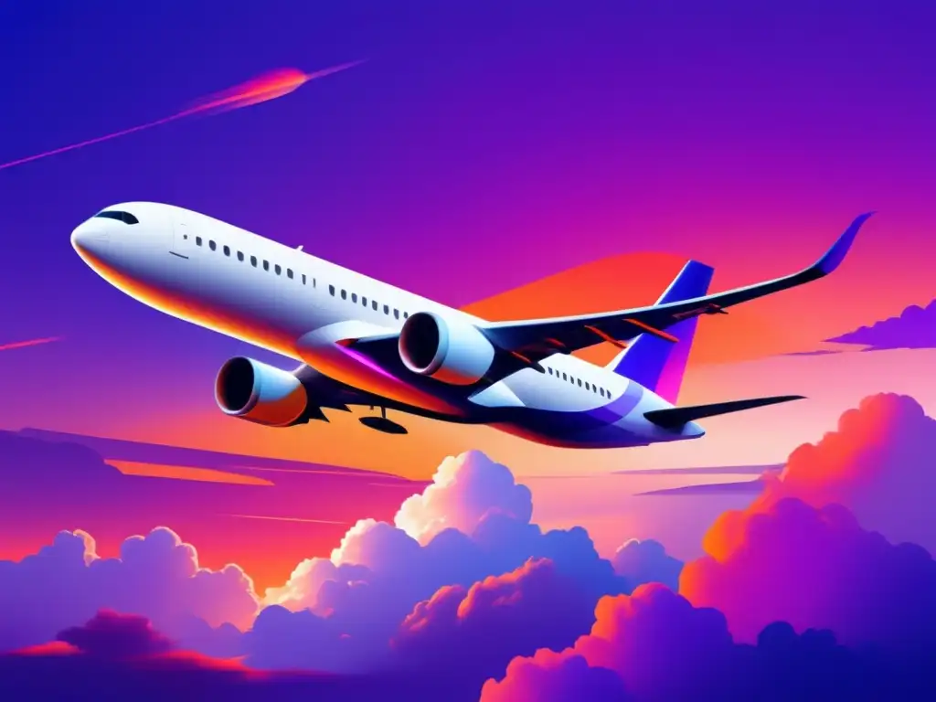 Evolución transporte aéreo comercial: avión futurista en vuelo, cielo vibrante al atardecer