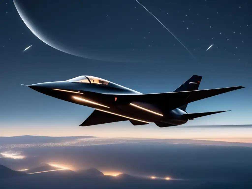 Tecnología Stealth en aviación militar: aeronave negra y futurista volando en el cielo nocturno