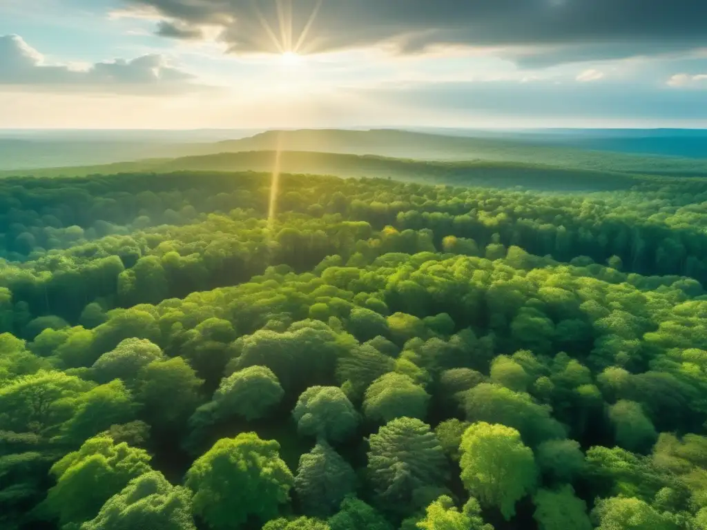 Innovaciones tecnológicas para conservación naturaleza: Vista aérea fascinante de un extenso bosque exuberante, con drones capturando datos e imágenes