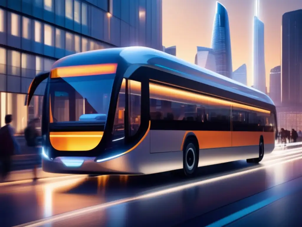 Autobús futurista recorriendo una ciudad al anochecer Evolución tecnológica de los autobuses en ciudad futurista al atardecer