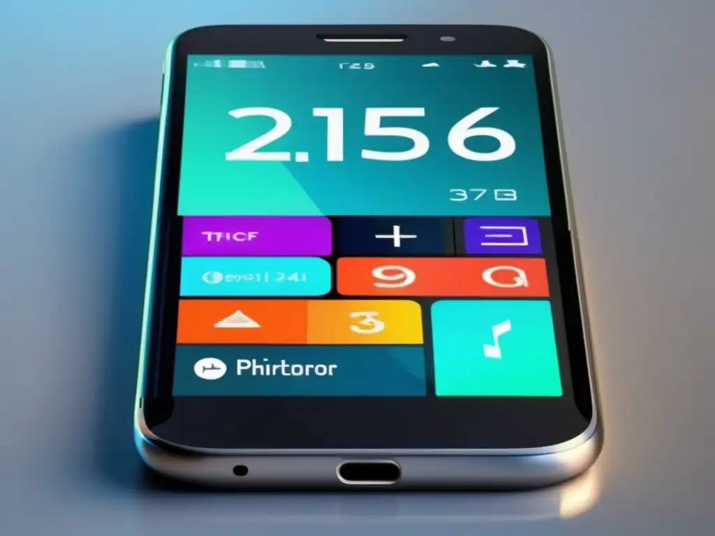 Impacto de los smartphones en las calculadoras: smartphone minimalista reflejado, pantalla con app de calculadora abstracta y colores vibrantes