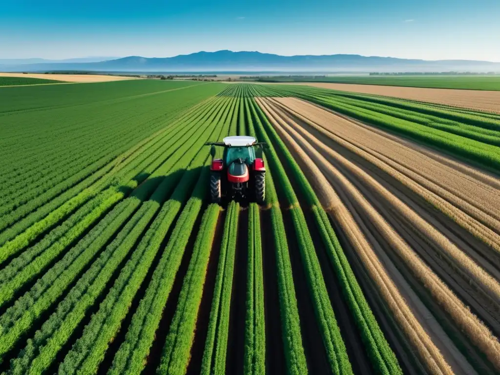 Tecnología agrícola sostenible para el campo: Paisaje agrícola 8k con maquinaria moderna integrando innovación en la naturaleza