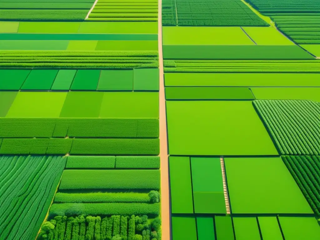 Tecnología aeroespacial en agricultura: Vista aérea de campo agrícola verde y simétrico, con cultivos coloridos y sombras alargadas