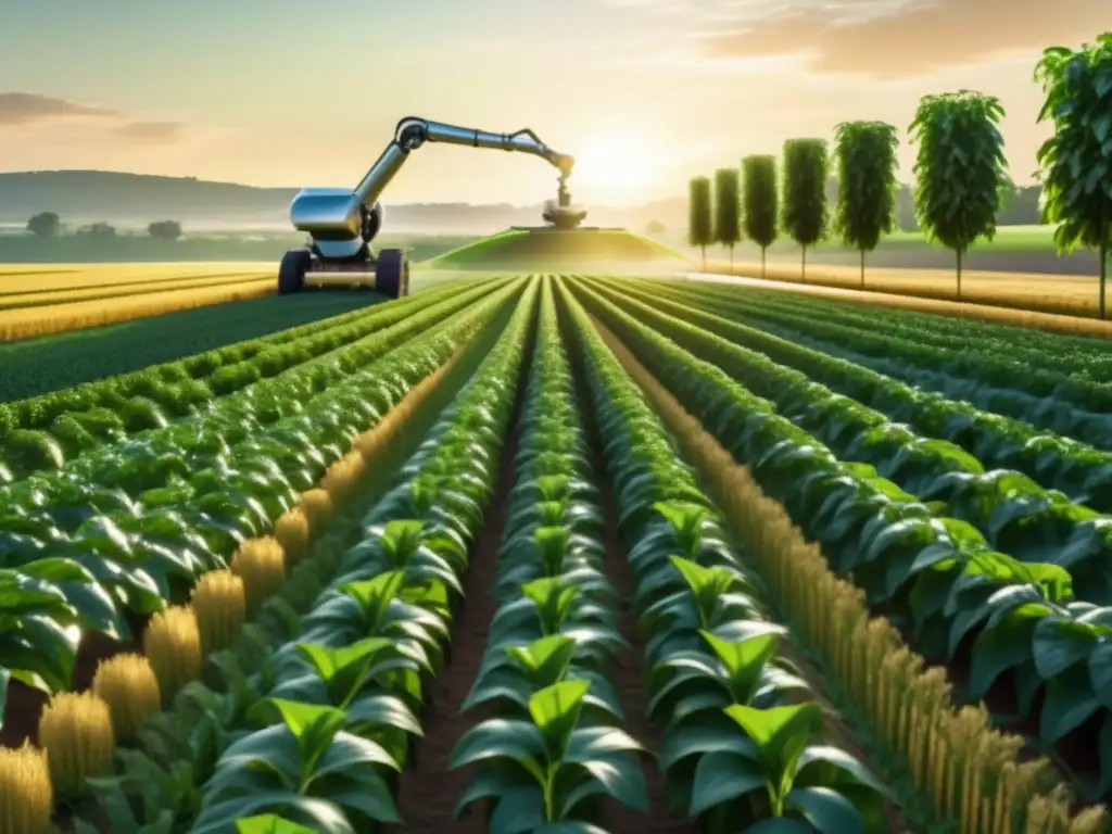 Tecnología agrícola sostenible para el campo, campo verde con cultivos alineados, brazo robotico integrado en paisaje