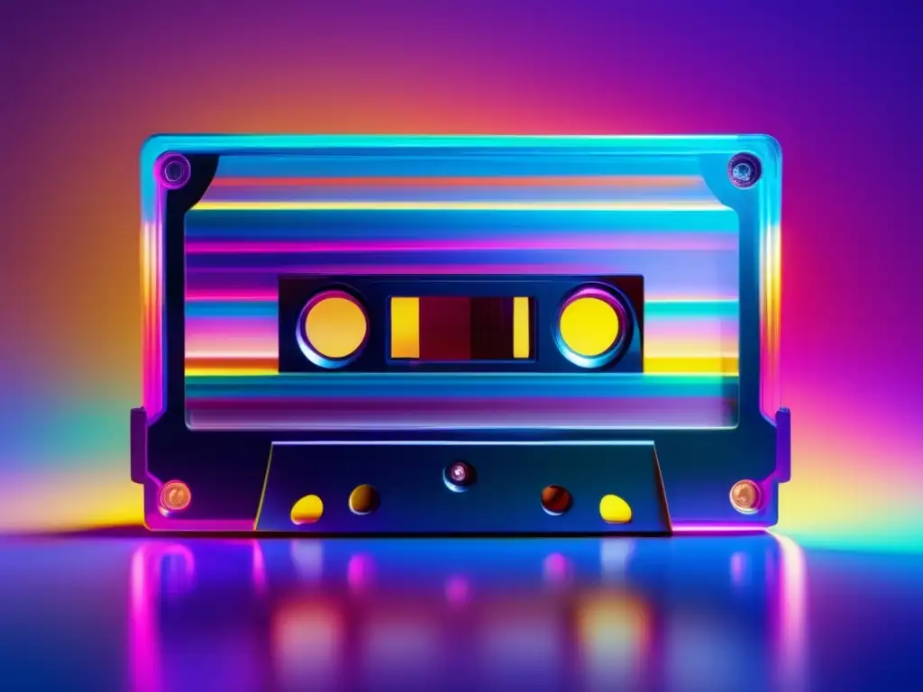 Historia de la desaparición de las cintas de audio: Cassette tape 8k ultradetallado flotando en un fondo de colores vibrantes