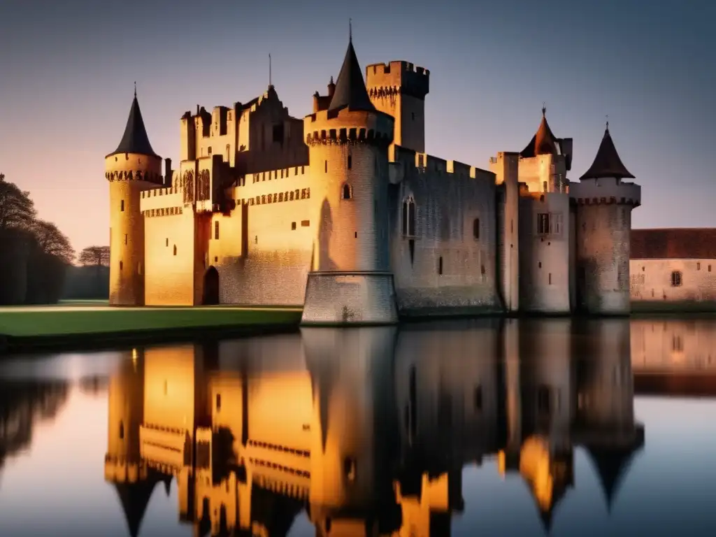 Castillo medieval con tecnologías defensivas: arquitectura detallada, turrets, battlements, moat, reflejo en el agua