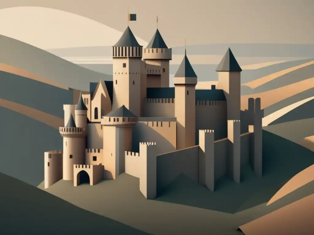 Tecnologías defensivas castillos Edad Media: Castillo medieval minimalista en 8K, con formas geométricas y colores auténticos