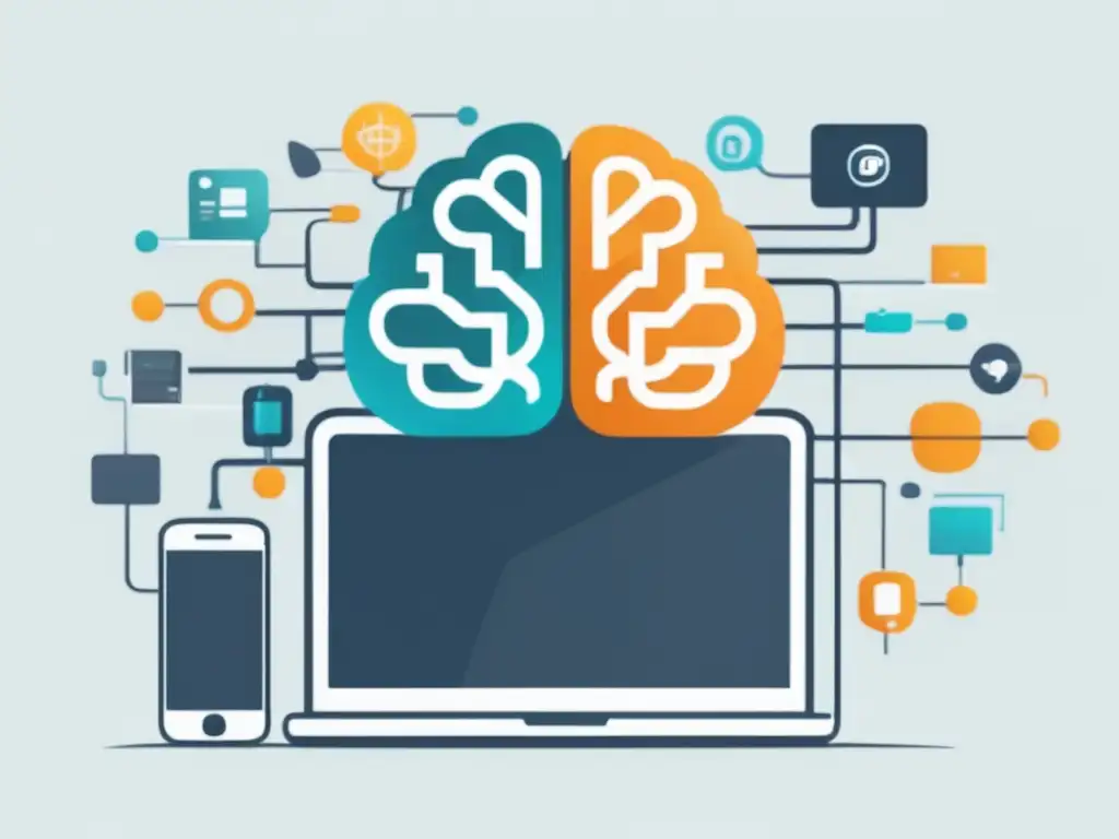 Impacto tecnológico en el pensamiento moderno: red de cerebro y dispositivos interconectados, fusión de conciencia humana e innovación digital