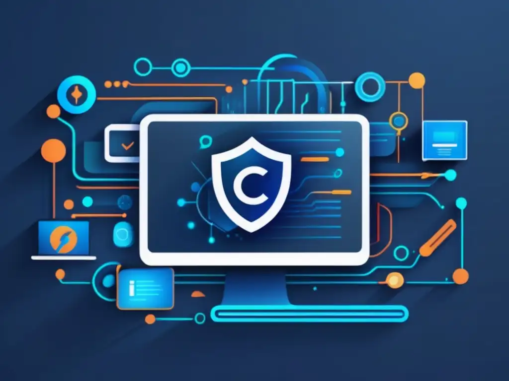 Herramientas de ciberseguridad para protección online en imagen 8k: sofisticación tecnológica, líneas y figuras vibrantes en fondo oscuro