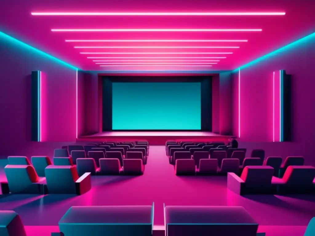 Avances tecnológicos en el cine 3D: Futurista teatro con líneas geométricas y audiencia con gafas 3D disfrutando una escena vibrante