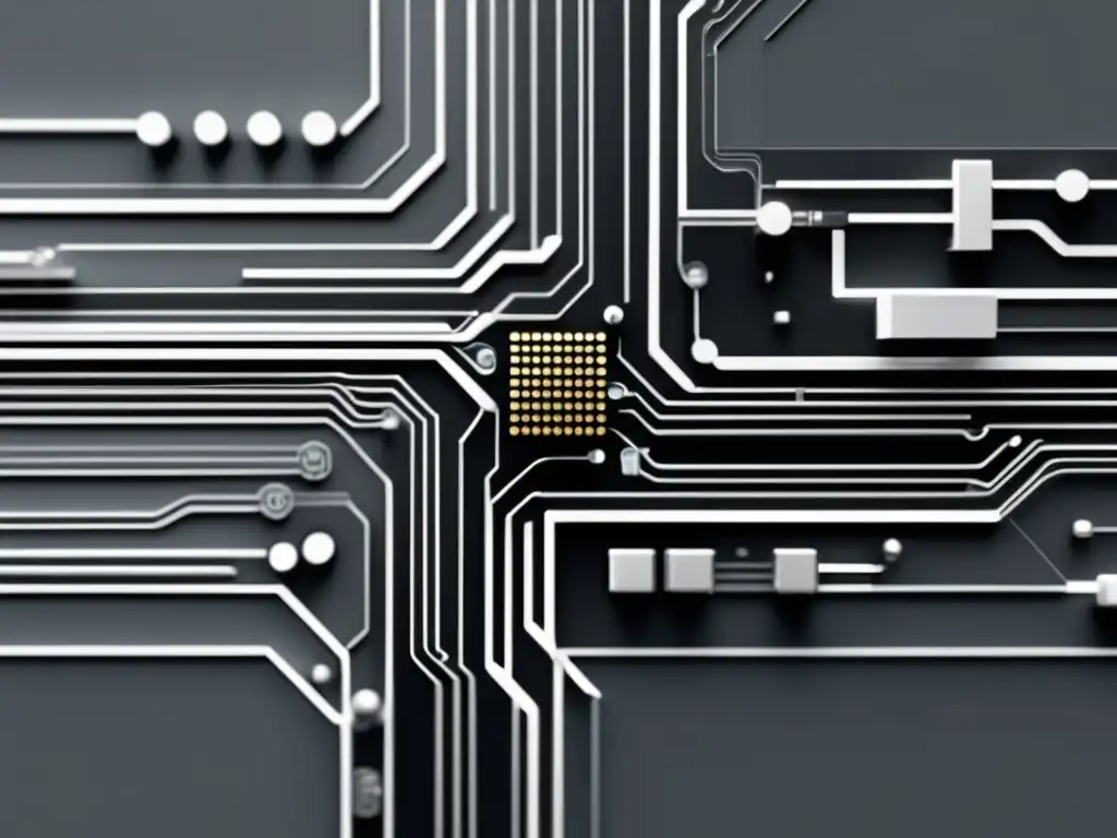 Representación abstracta de una placa de circuito, simbolizando la evolución de herramientas tecnológicas y su impacto en la sociedad moderna