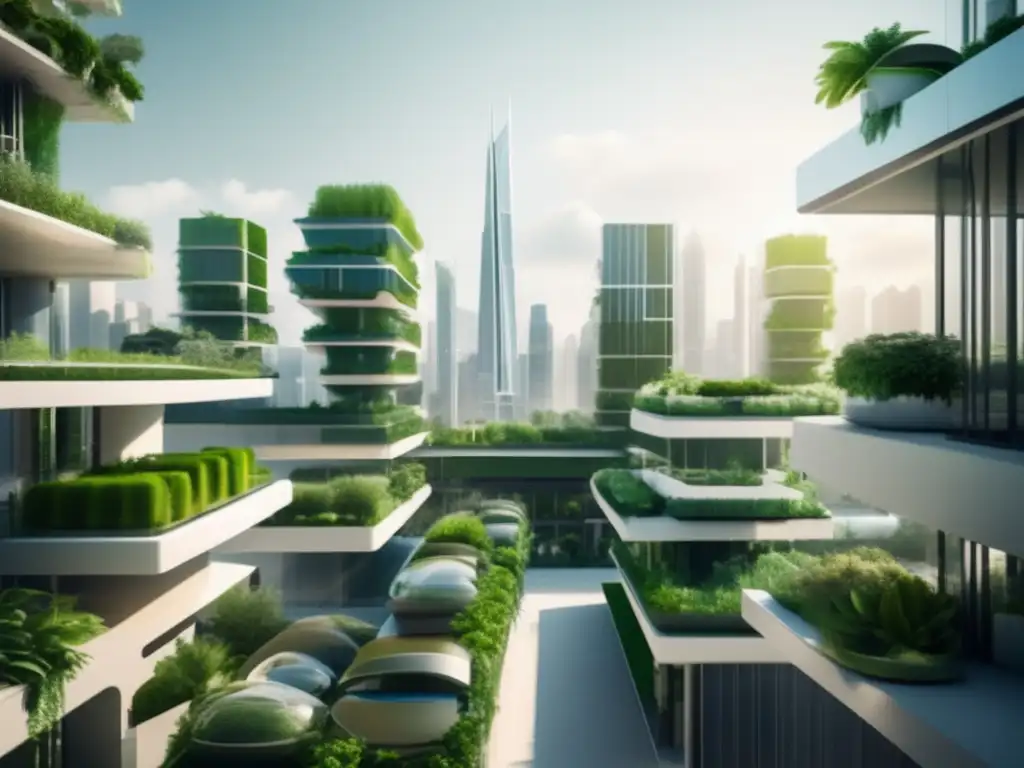 Tecnología en construcción sostenible: Futurista ciudad ecoamigable con edificios geométricos, jardines verticales y paneles solares