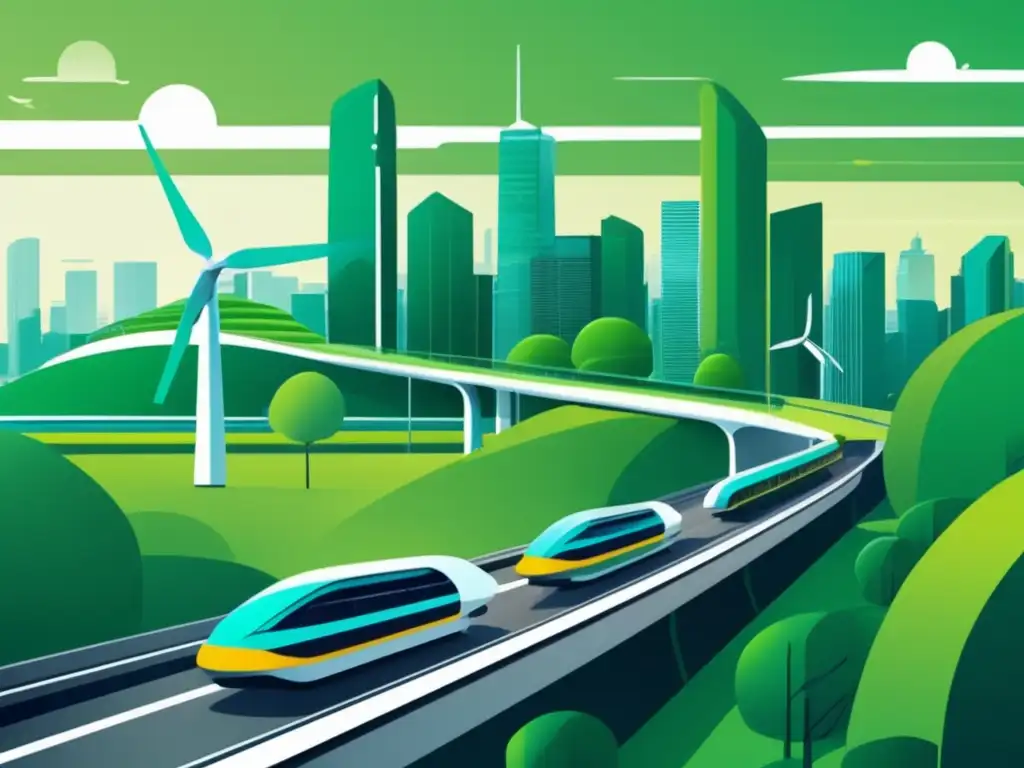 Un futuro sostenible: ciudad futurista con transporte limpio y energía renovable