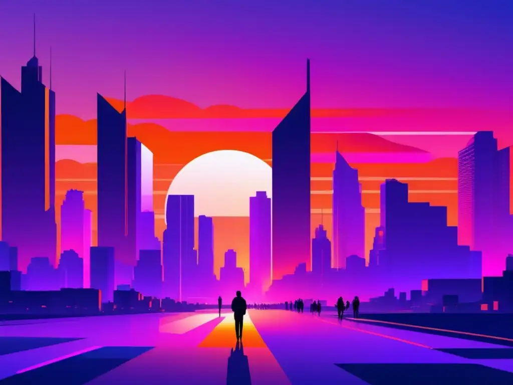 Ciudad futurista al atardecer: adaptación de la sociedad a la tecnología moderna