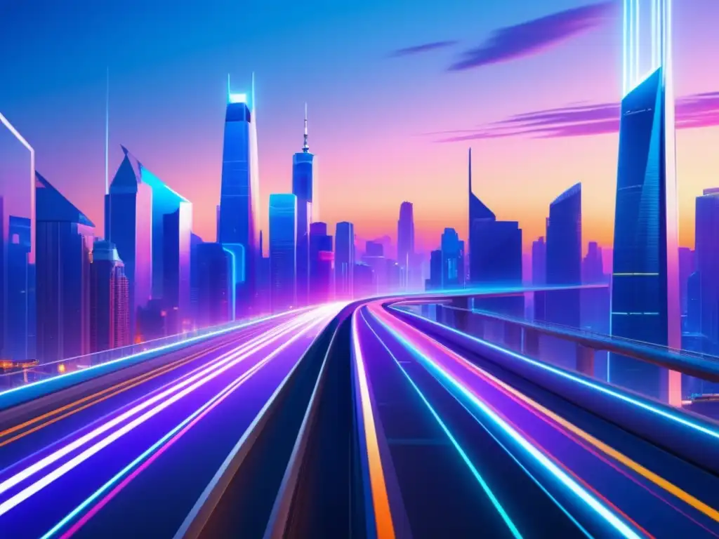 Tecnologías emergentes en movilidad: Futuro del transporte en una vibrante imagen 8k de una ciudad futurista al atardecer