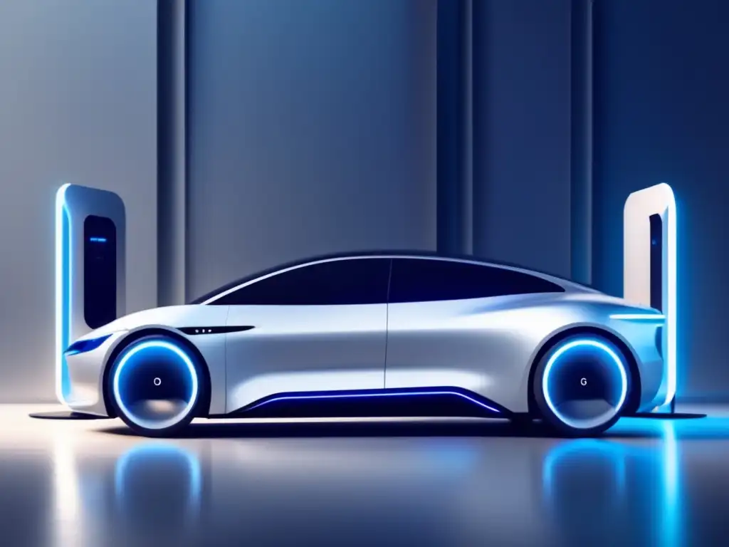 Impacto de la evolución tecnológica en baterías automotrices: coche eléctrico plateado frente a estación de carga futurista