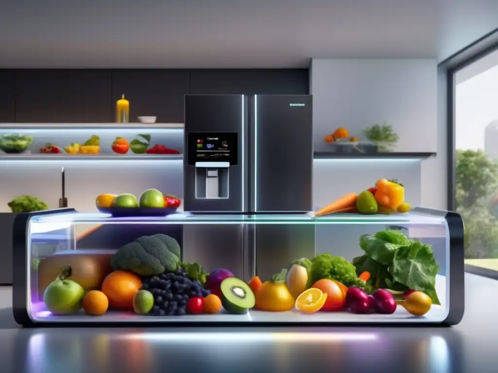 Cocina futurista con refrigerador inteligente, alimentos frescos, impresora de comida y realidad virtual