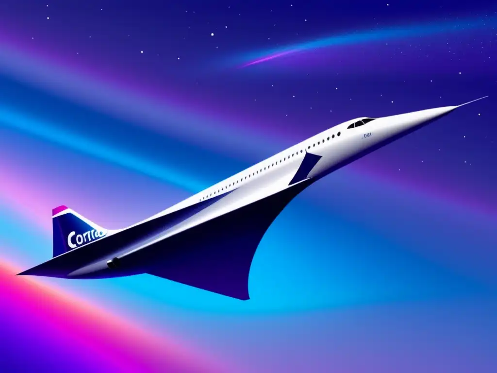 Evolución de la aviación supersónica: Concorde volando en un cielo abstracto lleno de color y estrellas