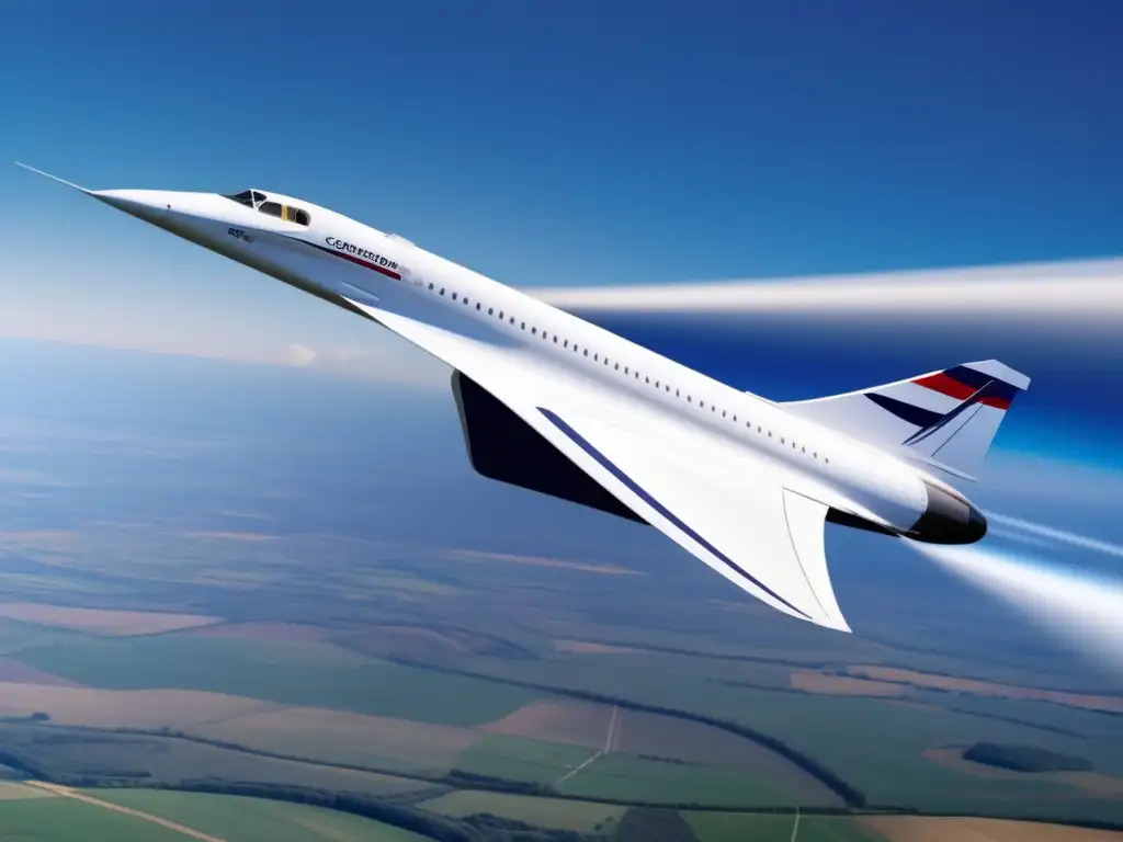 Evolución de la aviación supersónica con el Concorde volando a gran velocidad sobre un paisaje pintoresco