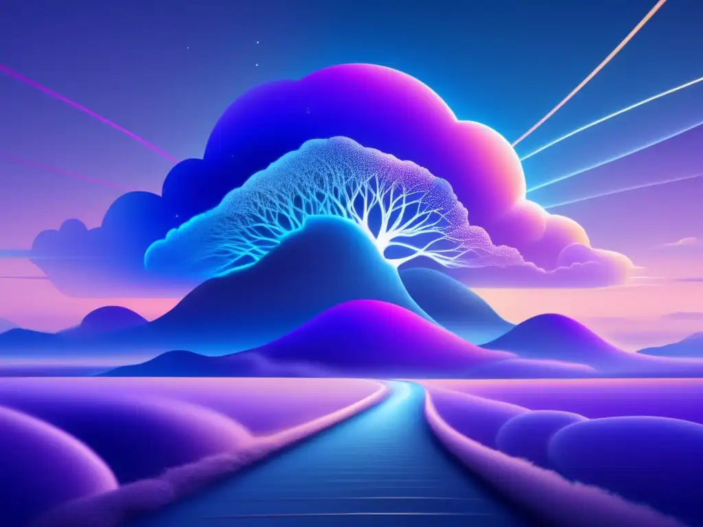 Impacto IA en psicología: paisaje neuronal con cielo lleno de nubes, hilos de luz y colores vibrantes