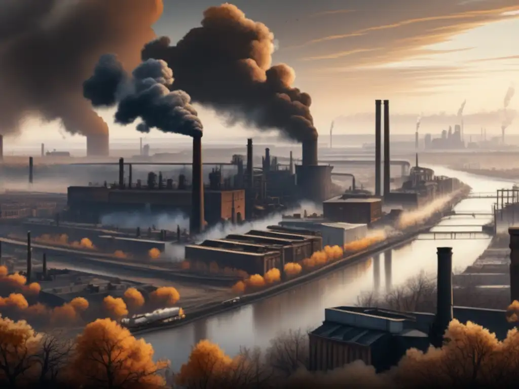 Impacto Revolución Industrial: ciudad industrial con humo negro, contaminación, río y deforestación