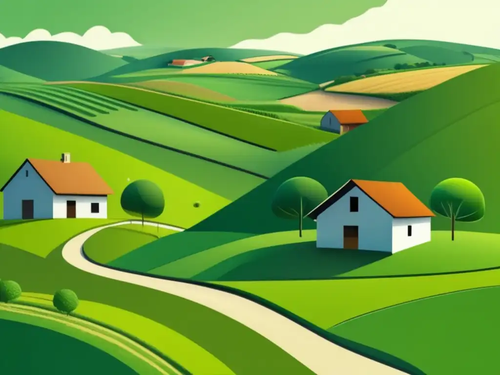 Ilustración abstracta que contrasta la vida rural tradicional con la tecnología: paisaje rural sereno vs