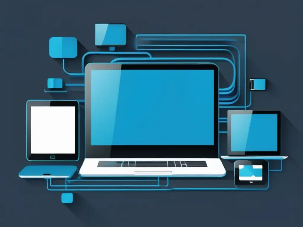 Impacto tecnológico en medios convergentes: imagen minimalista de dispositivos digitales interconectados en fondo negro con líneas y formas geométricas en tonos azules