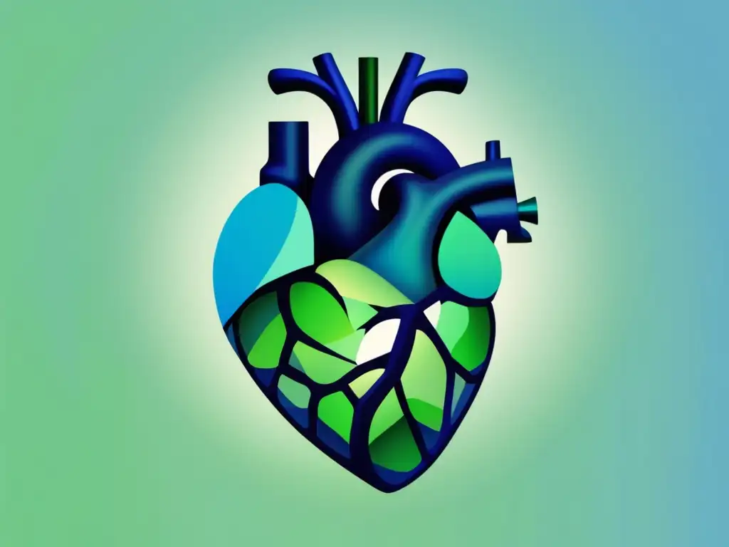 Beneficios de la bioingeniería en medicina: corazón abstracto minimalista, formas geométricas en azul y verde