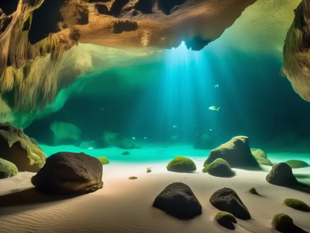 Retos excavación subacuática avances: cueva submarina con luz, formaciones rocosas, vida acuática, artefactos arqueológicos