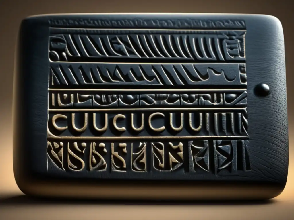 Importancia escritura cuneiforme: tablet negro con cuneiformes geométricos y delicados