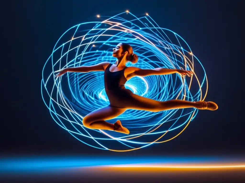 Herramientas tecnológicas en la danza: Fusión abstracta entre tecnología y baile, donde un elegante bailarín se eleva en el aire rodeado de patrones geométricos luminosos y pulsantes