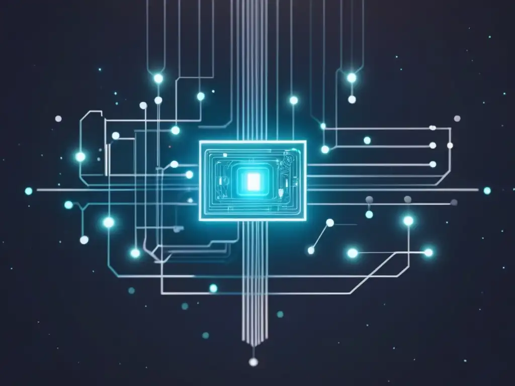 Desafíos éticos de la IA contemporánea: circuito abstracto que simboliza el equilibrio entre tecnología y ética